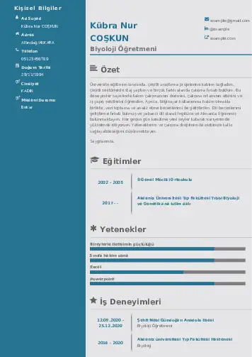 Biyoloji Öğretmeni CV Örnekleri cv indir